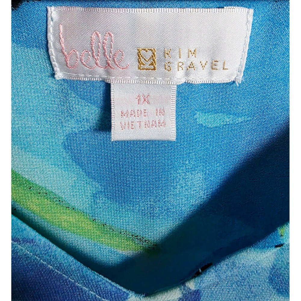 Belle Kim Gravel 1X Blue Watercolor Floral Chiffon V-Neck Dolman Sleeve Blouse - Picture 8 of 9